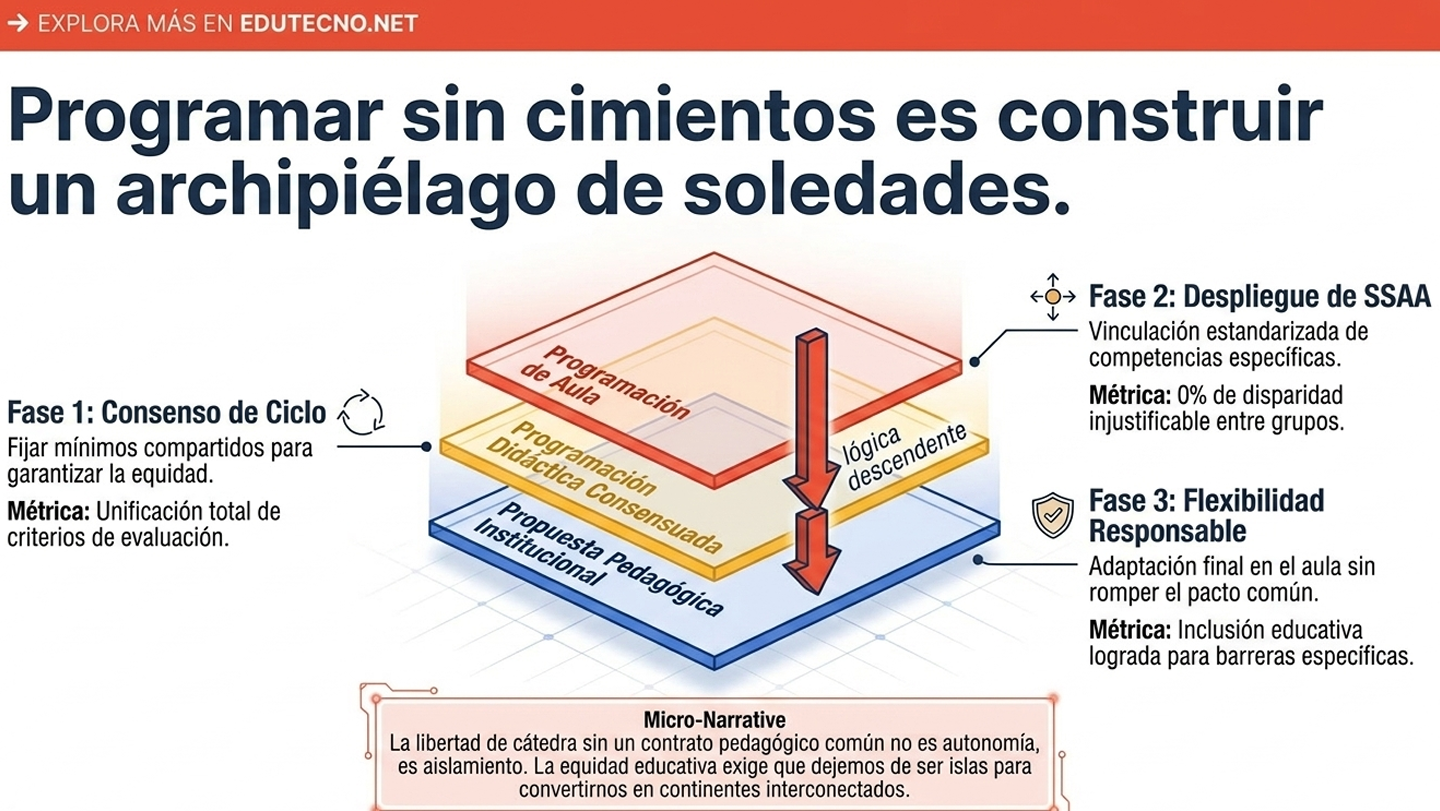 Infografía educativa con texto en español y diagrama 3D de capas, flechas y fases de programación.
