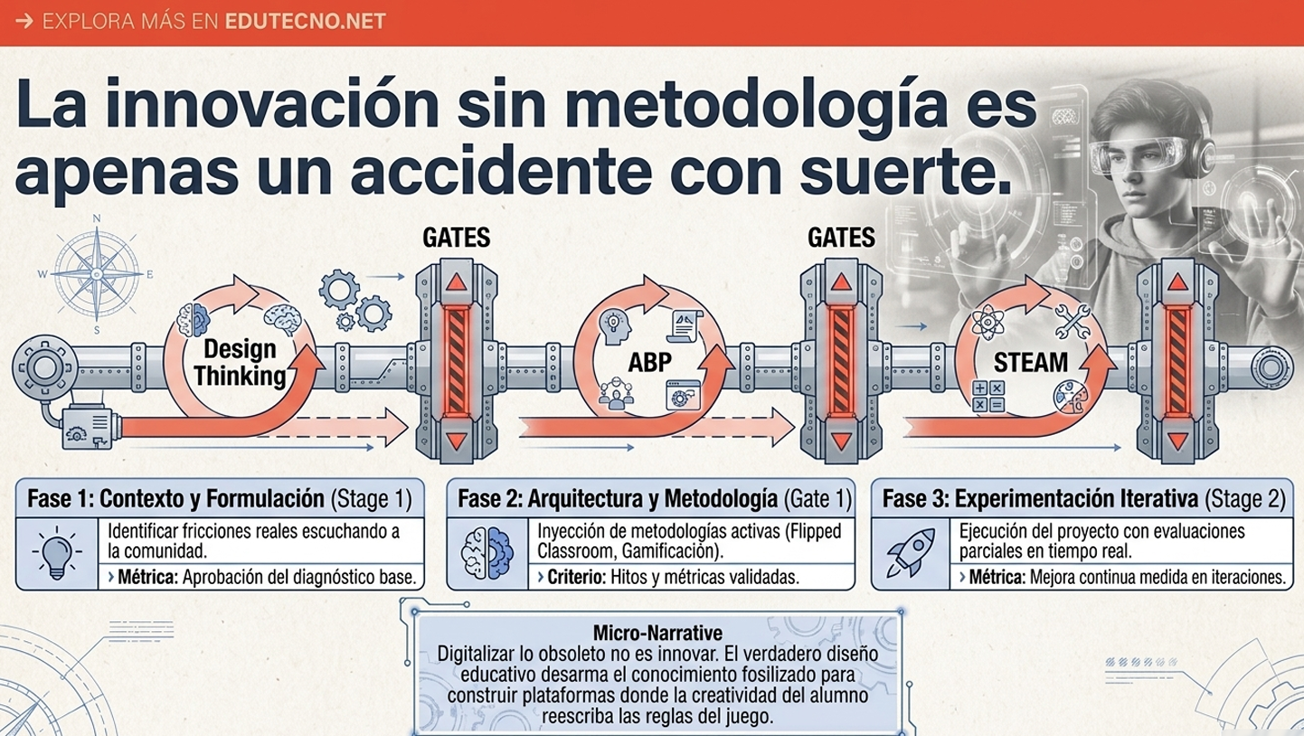 Ilustración educativa con texto sobre innovación, tres fases y un estudiante con auriculares frente a circuitos.