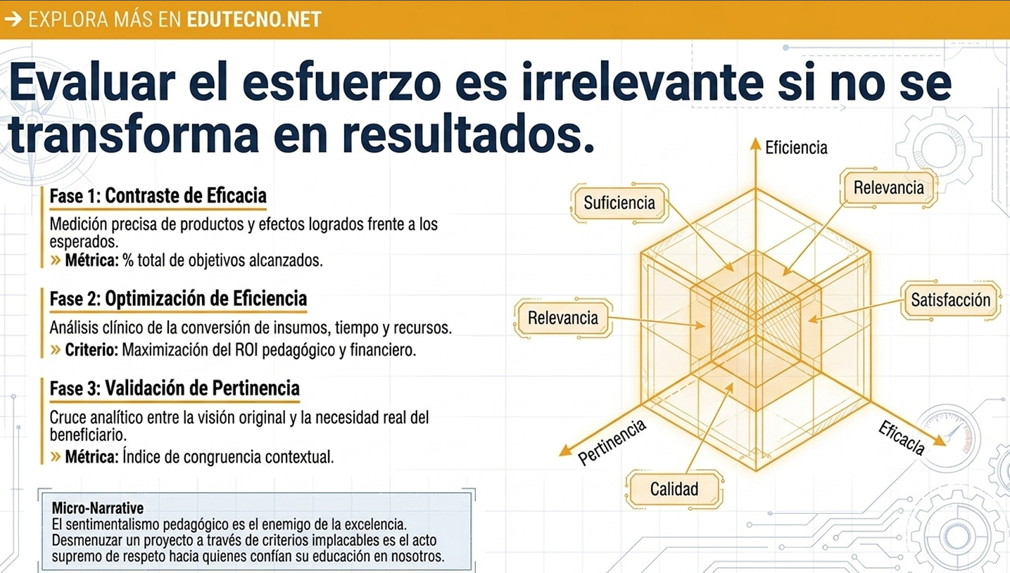 Infografía educativa con texto sobre eficacia, eficiencia y pertinencia, y un diagrama 3D con etiquetas.