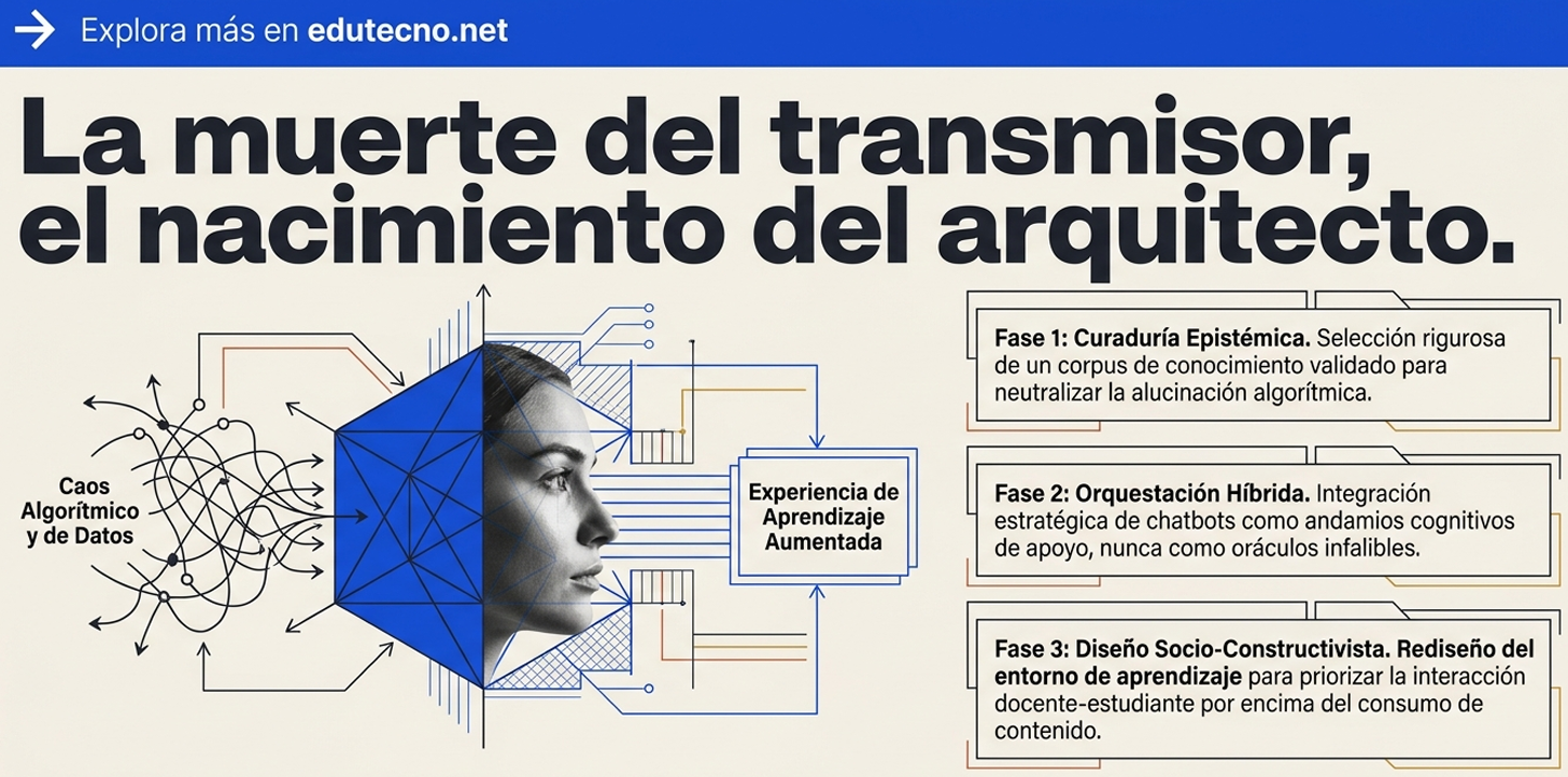 Ilustración con rostro humano en cubo azul, gráficos y texto sobre fases del transmisor y curaduría epistémica.