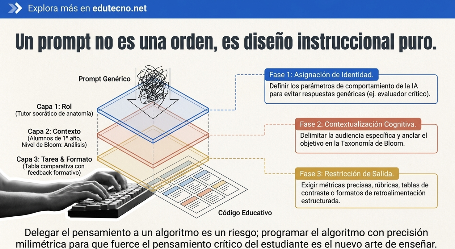Mano tecleando en teclado con diagrama educativo sobre capas y fases de diseño instruccional de IA.