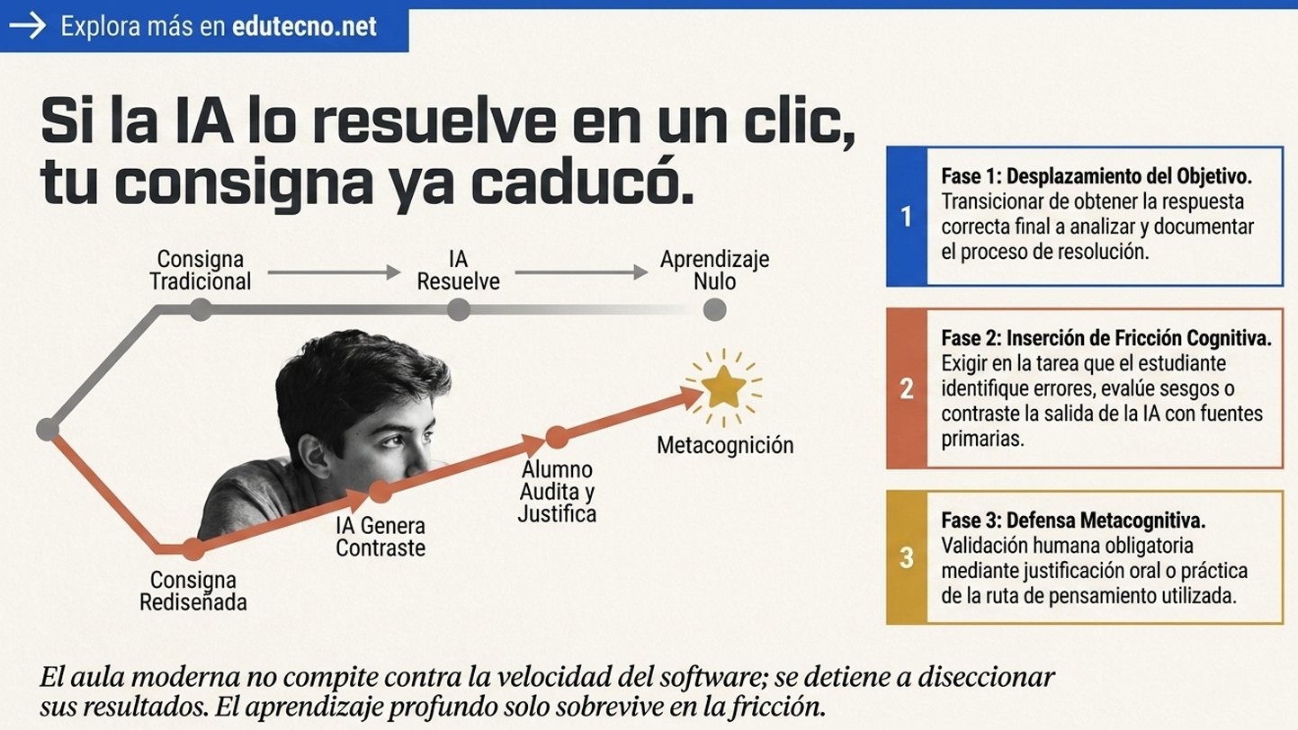 Infografía educativa con un estudiante, flechas y texto sobre metacognición, fricción cognitiva y fases de análisis.