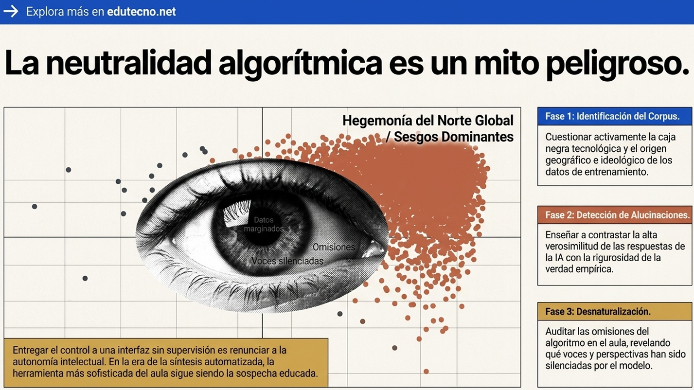 Ojo humano con texto sobre sesgos algorítmicos, puntos y fases en recuadros laterales.