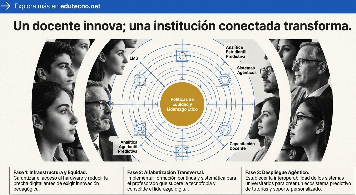 Diagrama circular con texto “Políticas de Equidad y Liderazgo Ético” y rostros de docentes alrededor.