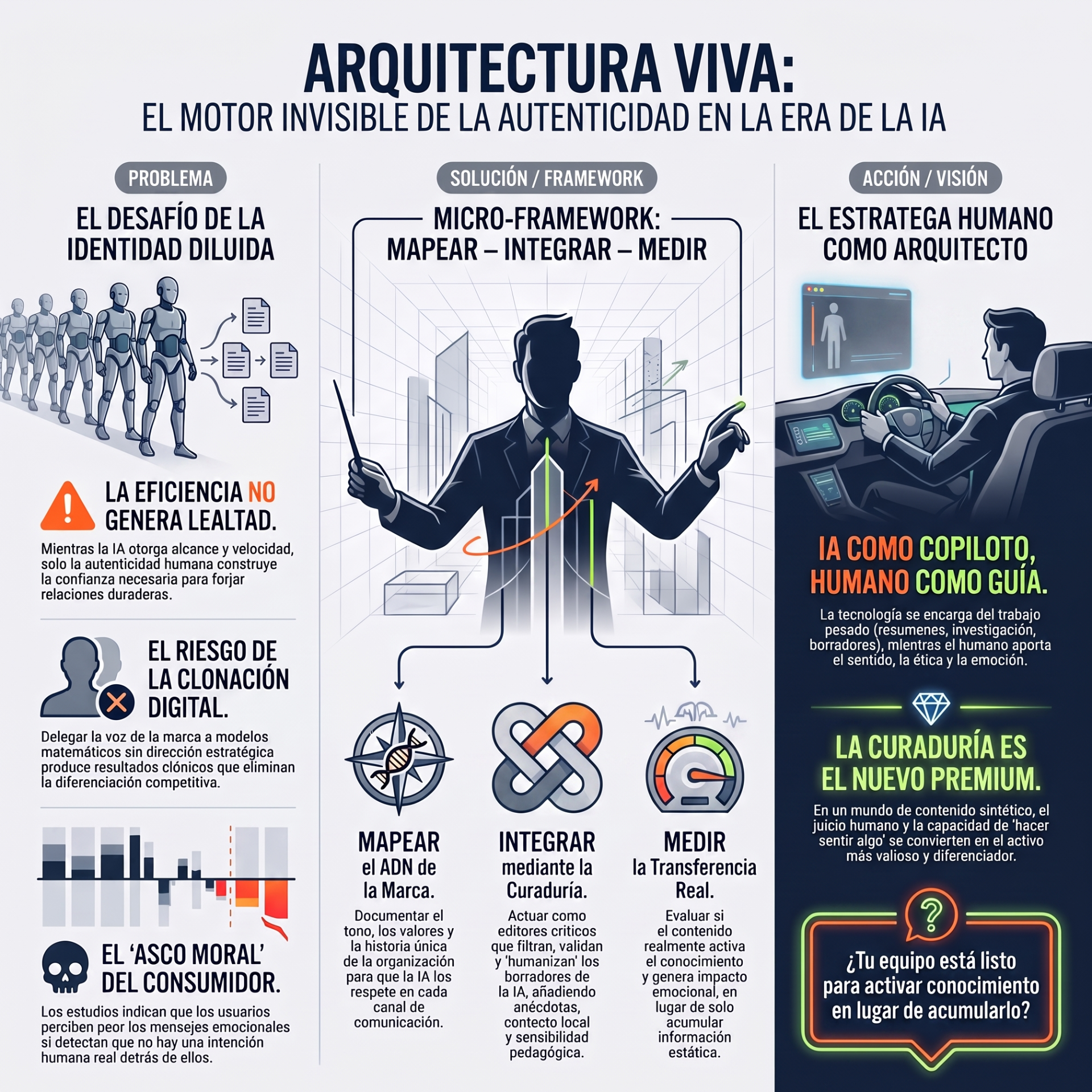 Infografía sobre arquitectura viva: identidad, micro-framework, estrategia humana y curaduría con gráficos y figuras.