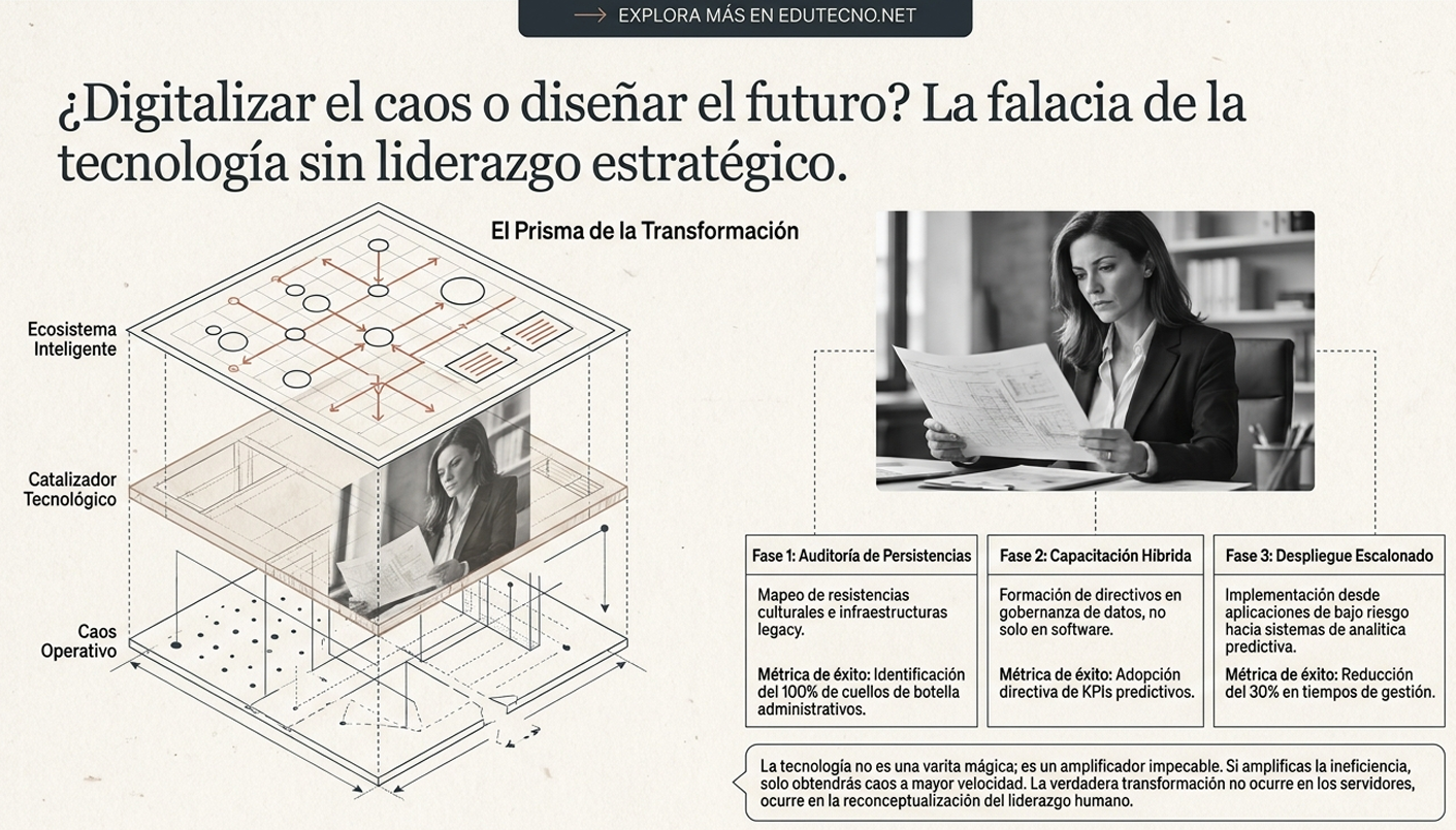 Ilustración isométrica de transformación digital con mujer revisando documentos y tres fases de implementación.