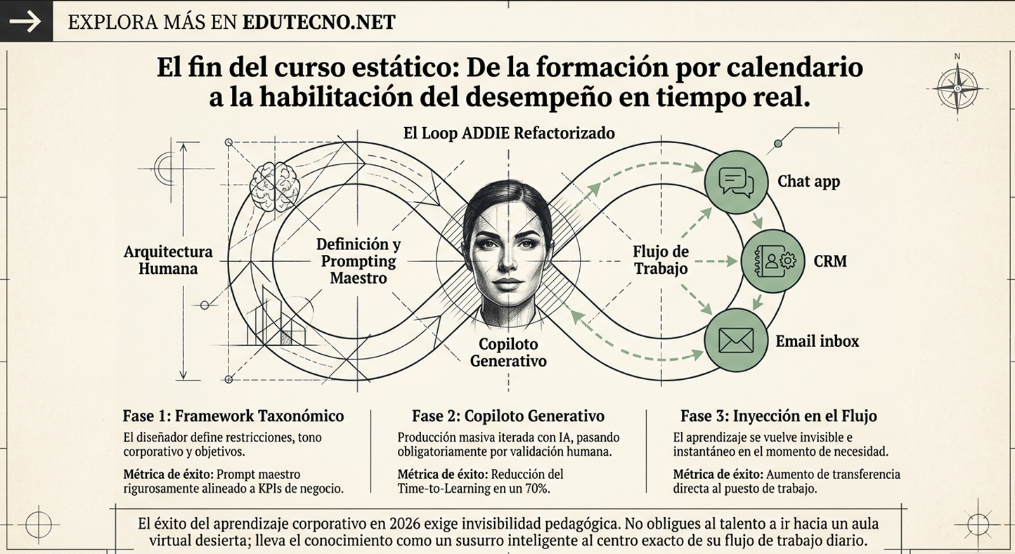 Ilustración tipo infografía con rostro femenino central, flechas y nodos de chat, CRM y email. Texto sobre aprendizaje.