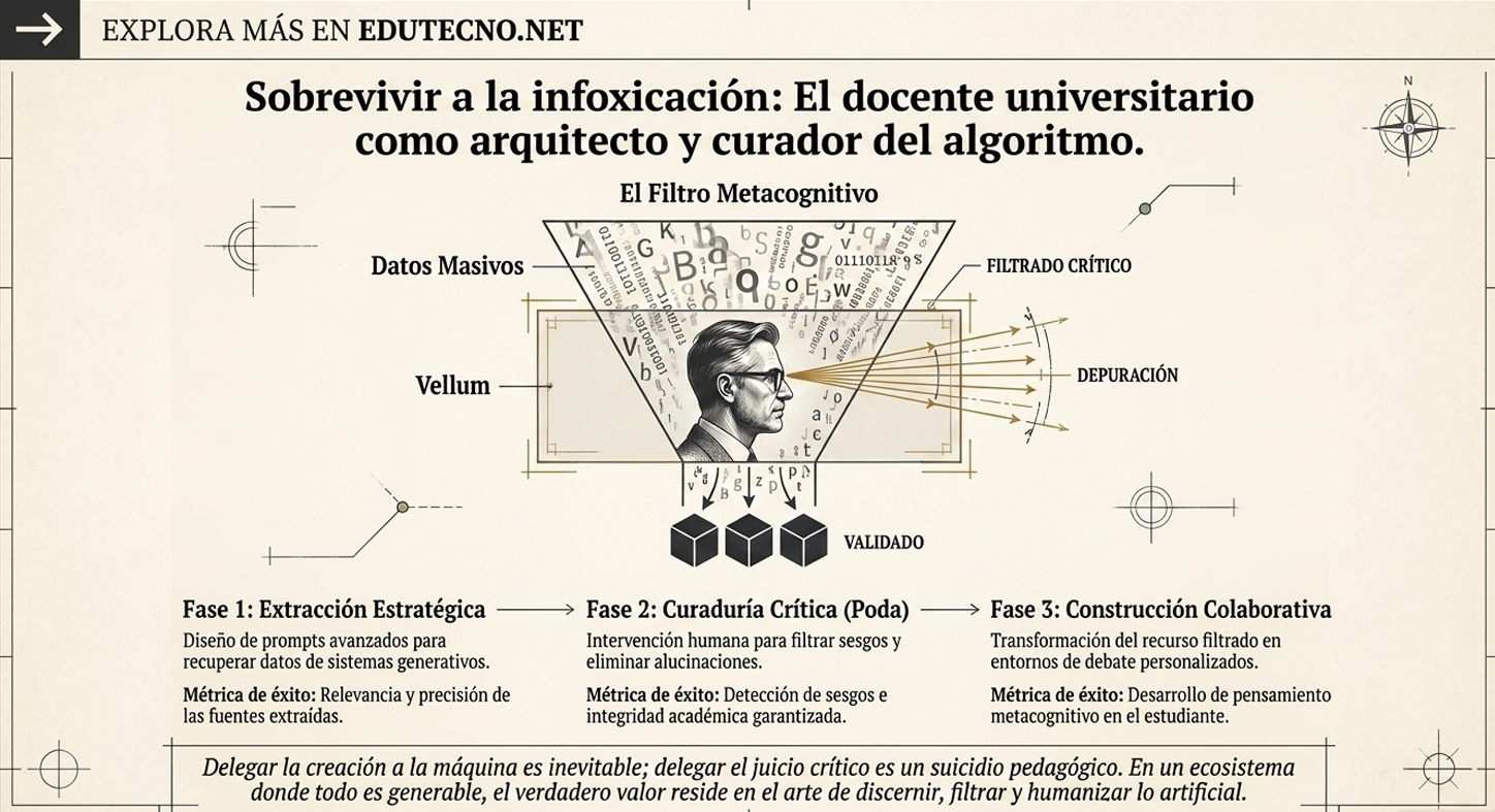 Ilustración tipo infografía con texto sobre “Filtro Metacognitivo”, datos, etapas y un retrato estilizado.