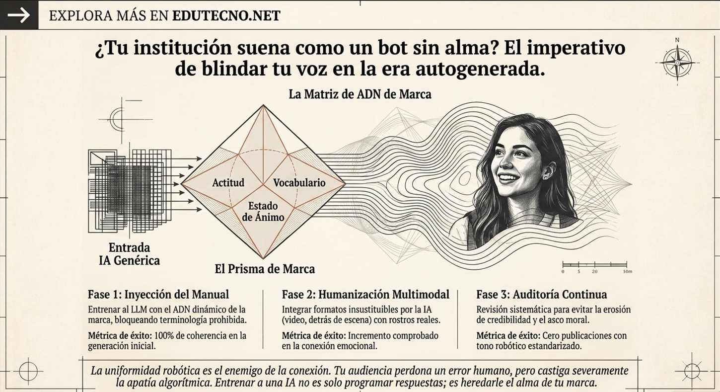 Ilustración con texto sobre IA, un prisma de marca y una mujer sonriente con ondas y brújula.