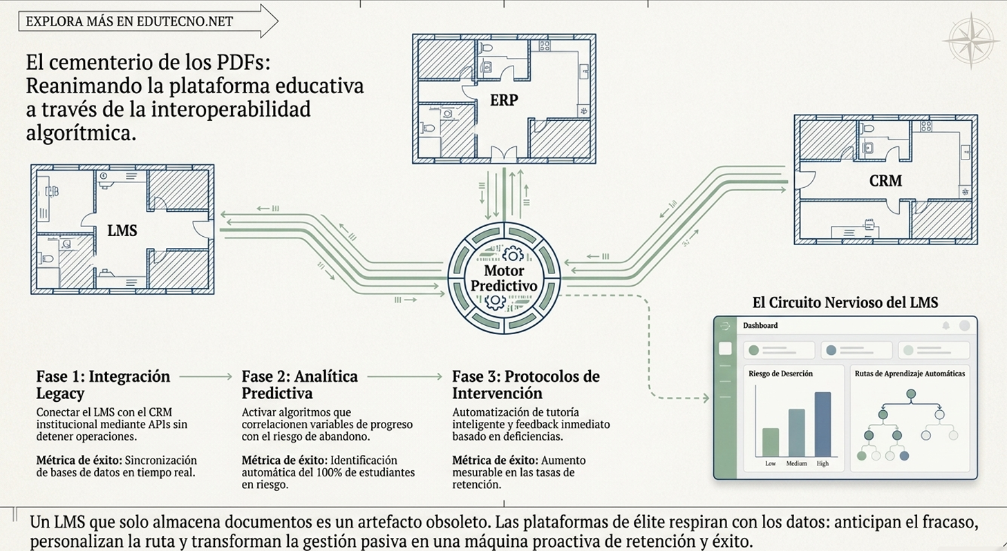 Diagrama educativo con módulos LMS, ERP y CRM, circuito nervioso “Motor Predictivo” y panel de analíticas.
