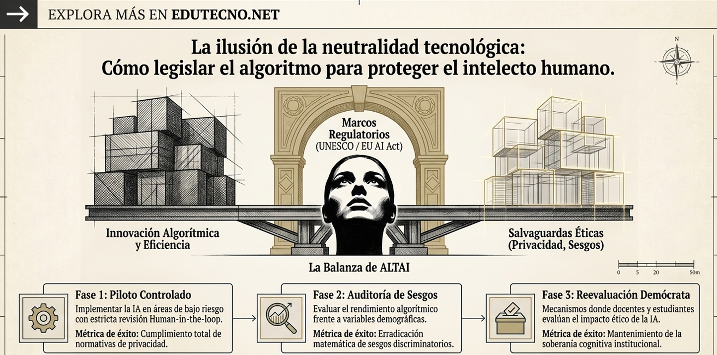 Ilustración con balanza de IA, texto sobre neutralidad tecnológica, edificios y gráficos, con fases de regulación.