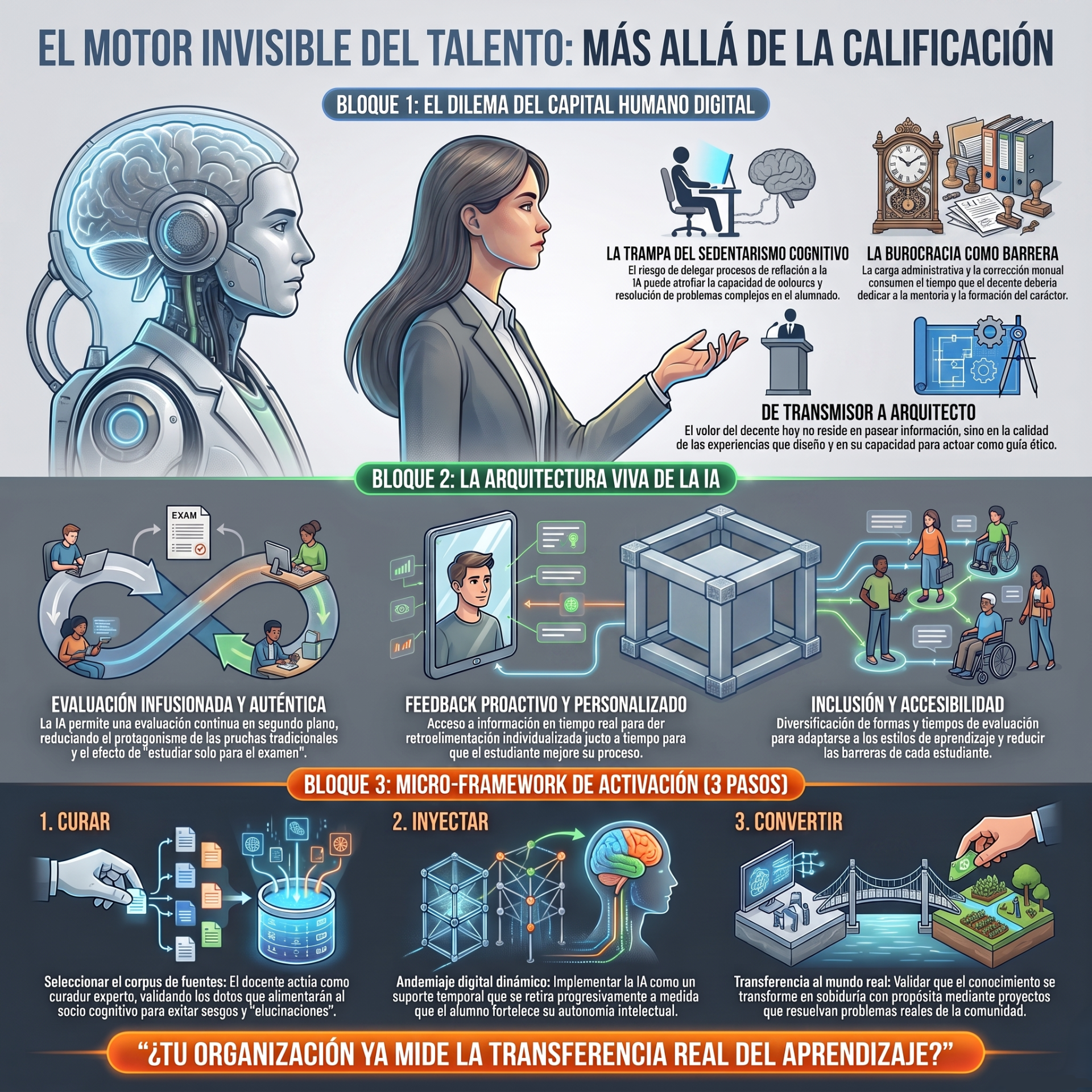 Infografía sobre capital humano digital: cerebro, mujer, oficina y estudiantes con textos y gráficos tecnológicos.