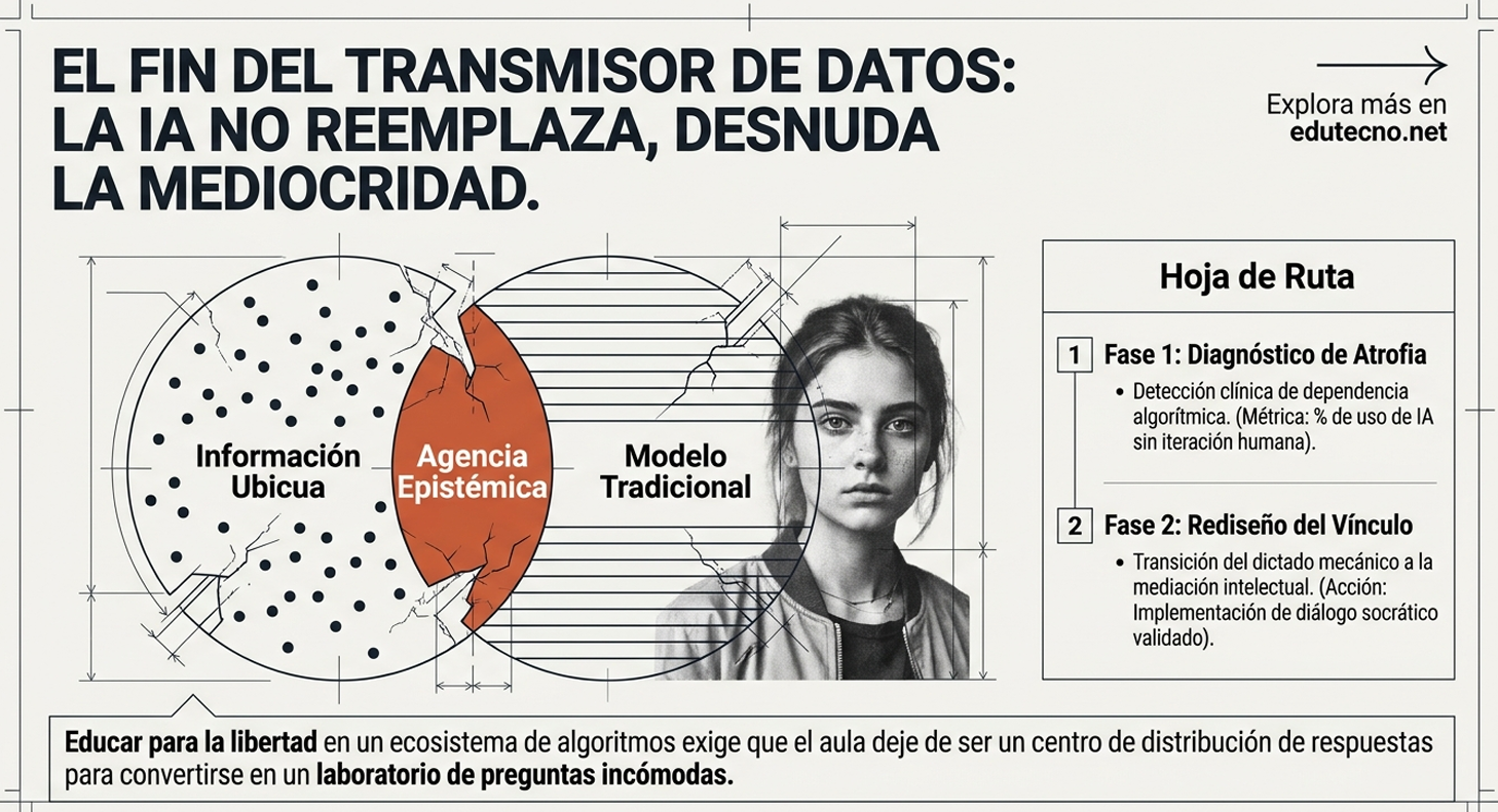 Ilustración con diagrama de datos, mujer en primer plano y texto sobre IA y mediocridad.