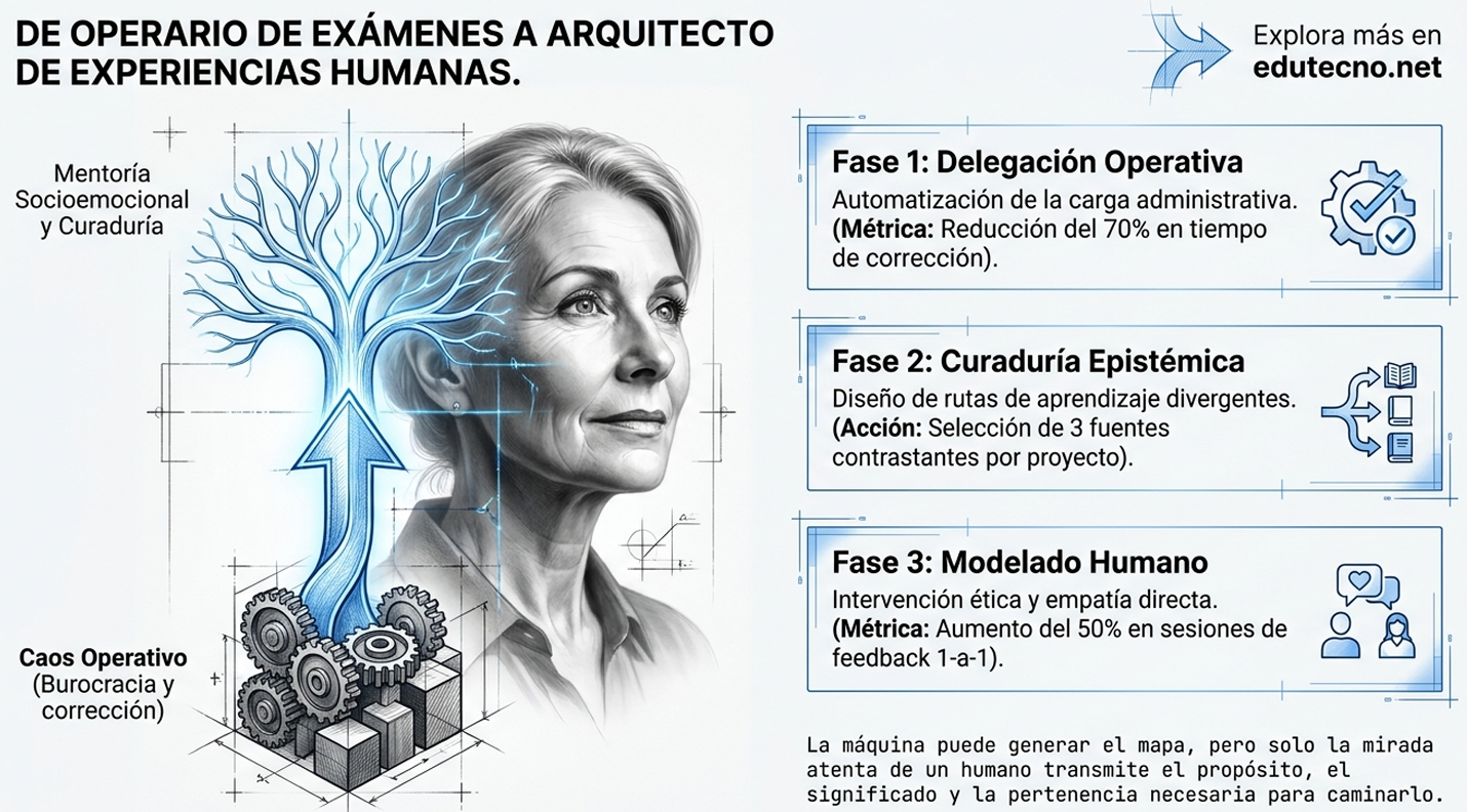 Mujer en estilo ilustración con árbol azul y diagrama de fases: delegación, curaduría y modelado humano.