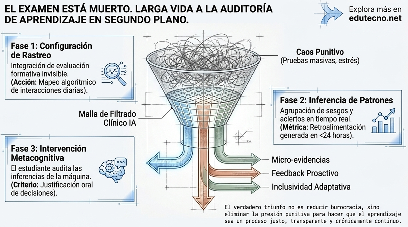 Ilustración educativa con embudo de IA, fases de auditoría y texto sobre caos punitivo y micro-evidencias.