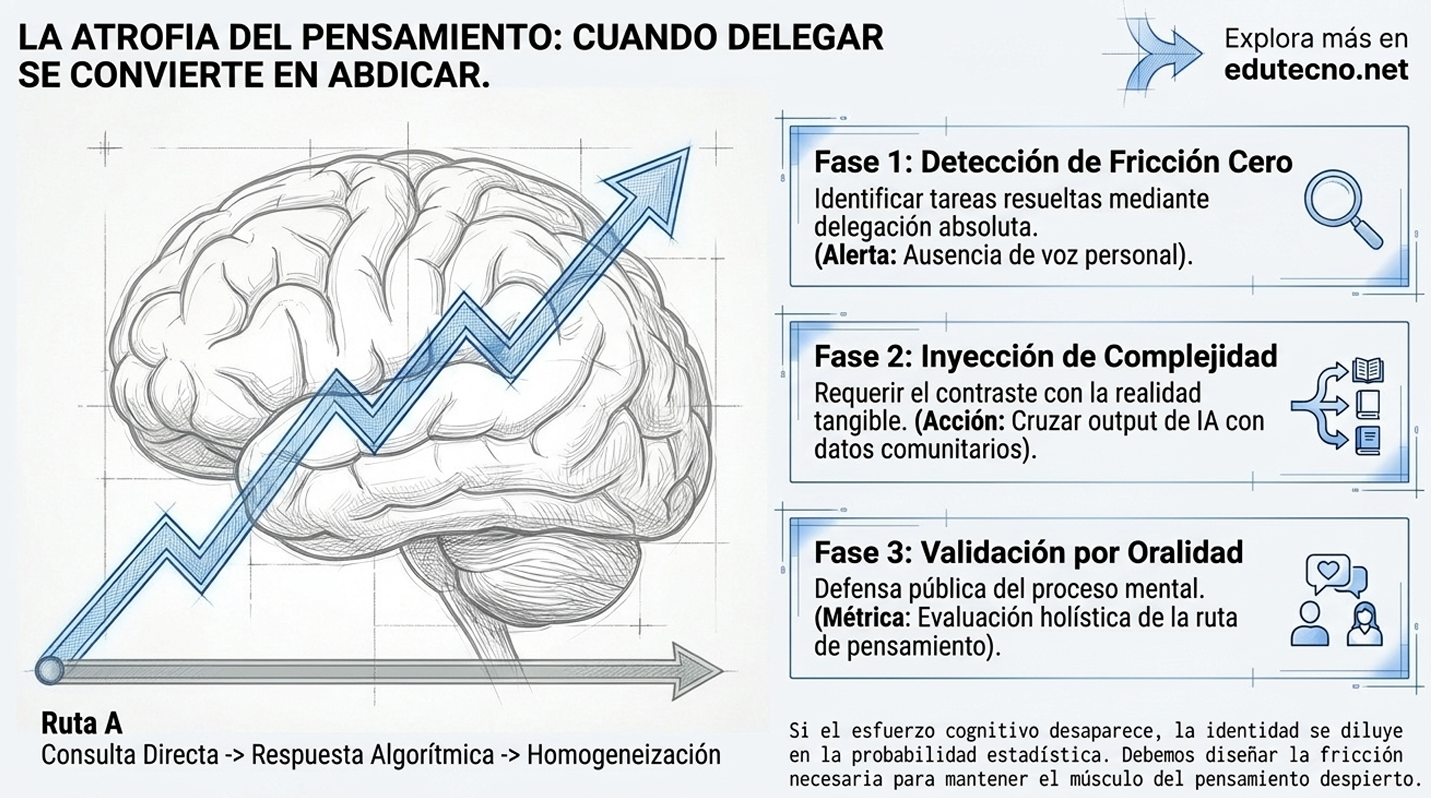 Ilustración de un cerebro con gráfico ascendente y texto sobre fases: fricción cero, complejidad y validación.