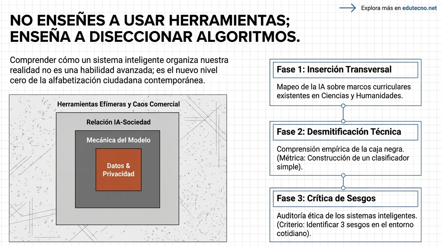 Infografía educativa en español con texto sobre disecar algoritmos y tres fases: inserción, desmitificación y crítica de sesgos.