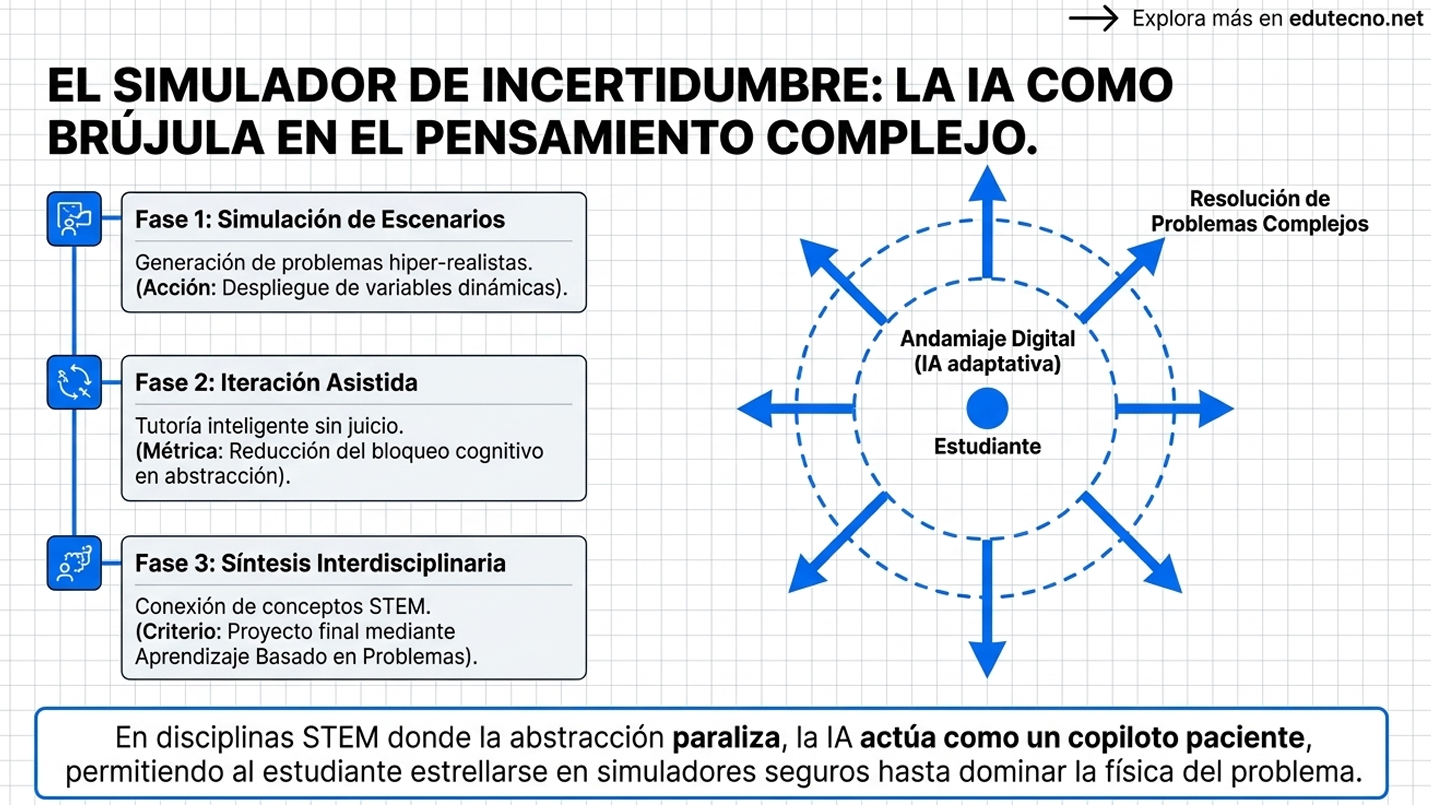 Diagrama educativo con tres fases, estudiante al centro y flechas alrededor, texto sobre IA y simulación.