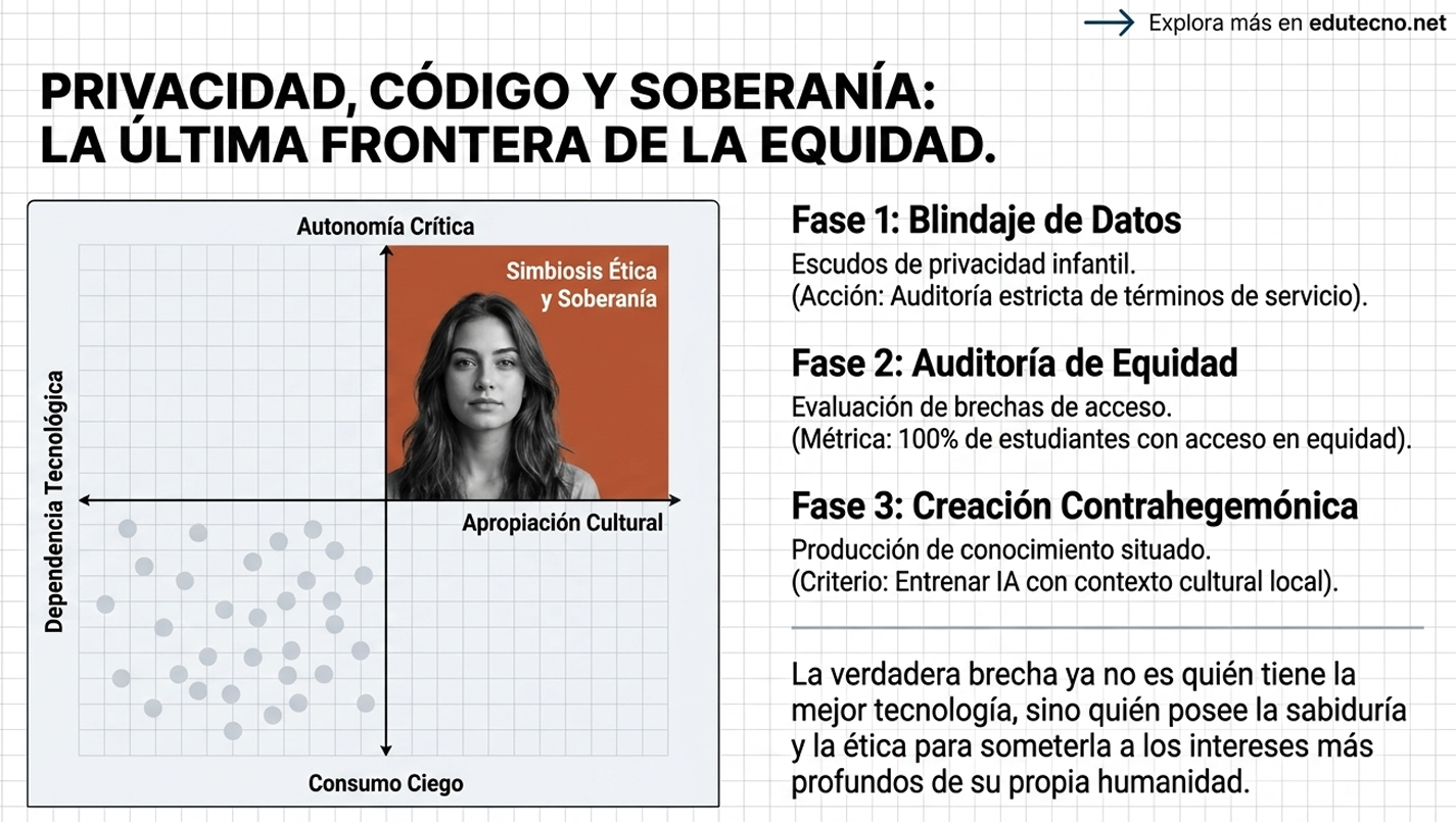 Infografía con texto sobre privacidad, código y soberanía, fases de blindaje y auditoría, con retrato central.