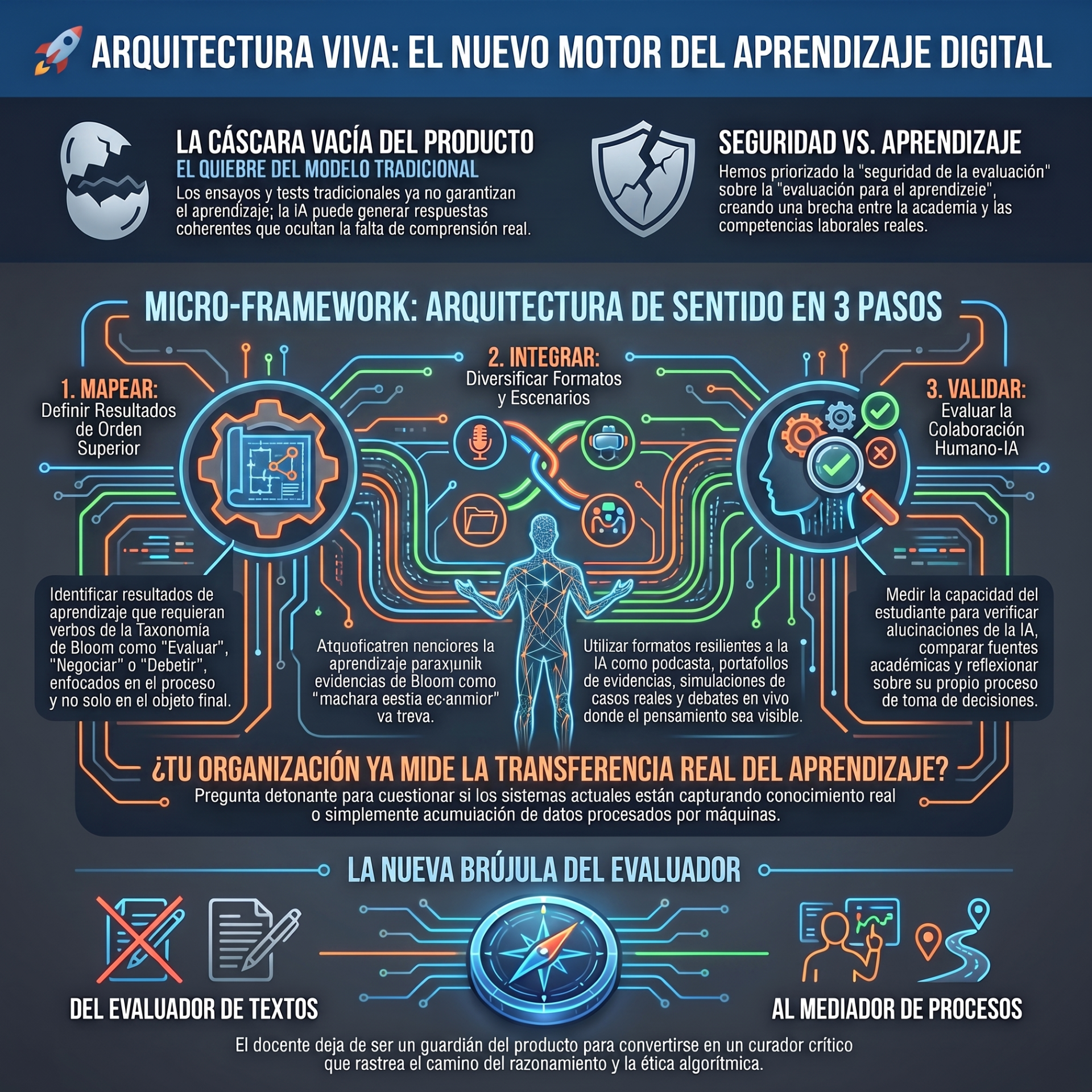 Infografía tecnológica sobre arquitectura viva y micro-framework, con tres pasos, IA y evaluación, gráficos y texto en español.