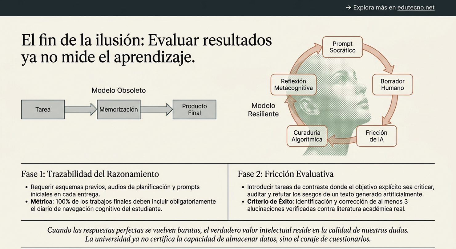 Infografía sobre evaluación de resultados: modelo obsoleto, modelo resiliente y rostro con etiquetas de IA.
