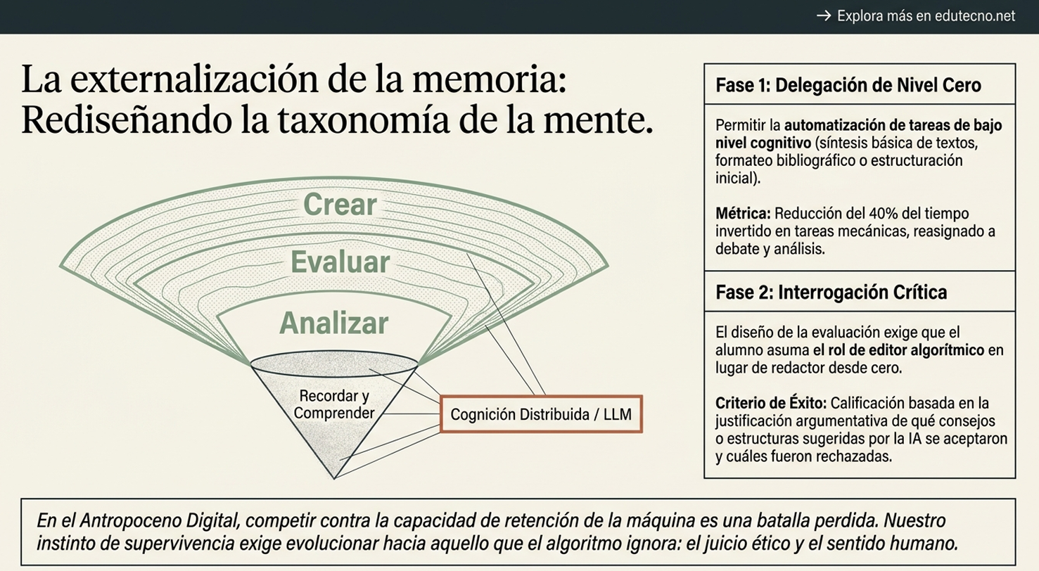 Diagrama educativo con pirámide de habilidades, texto sobre memoria externa y fases de delegación y evaluación crítica.