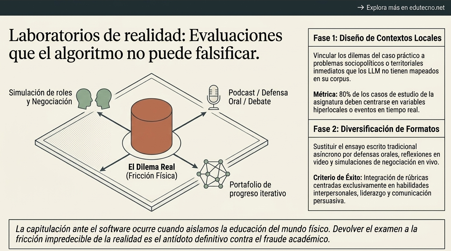 Diagrama educativo con “El Dilema Real”, micrófono, red de nodos y fases de evaluación en recuadros.