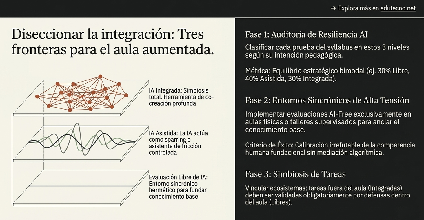 Diagrama con tres niveles de IA en un aula aumentada y texto de fases de resiliencia.
