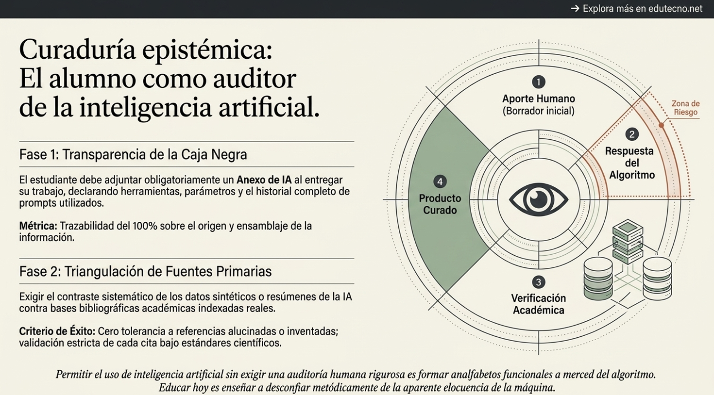 Infografía sobre curaduría epistémica con diagrama circular, fases numeradas y texto sobre auditoría de inteligencia artificial.