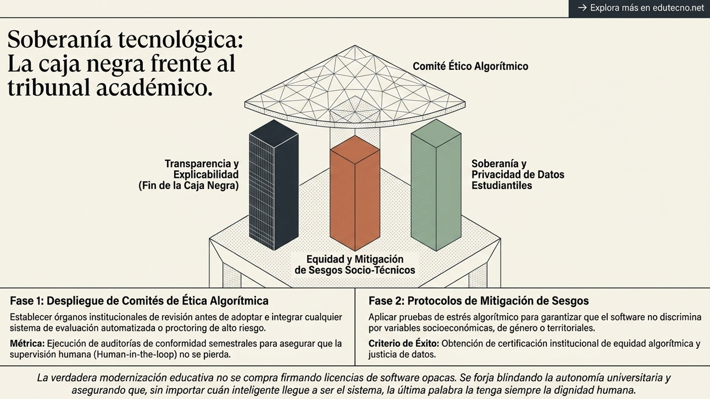 Ilustración con cúpula de datos y tres columnas, texto sobre soberanía tecnológica, ética algorítmica y mitigación de sesgos.