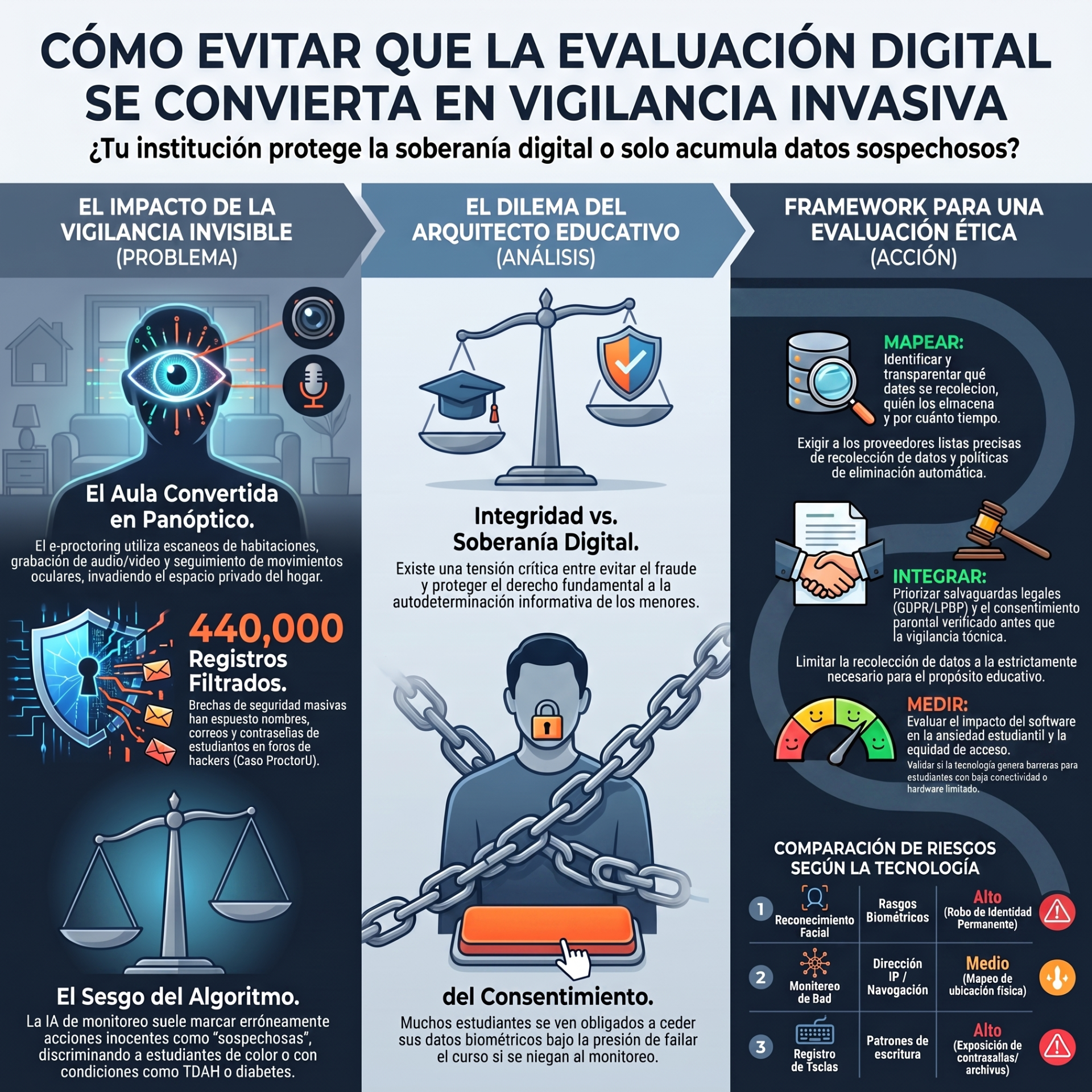 Infografía sobre evaluación digital y vigilancia invasiva, con balanza, candado, iconos y texto en español.