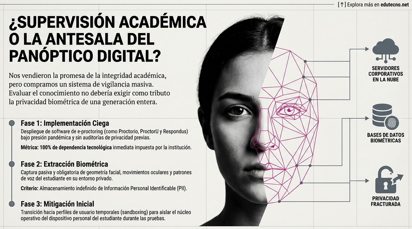 Mujer en primer plano con malla de datos rosa y texto sobre supervisión académica y privacidad biométrica.