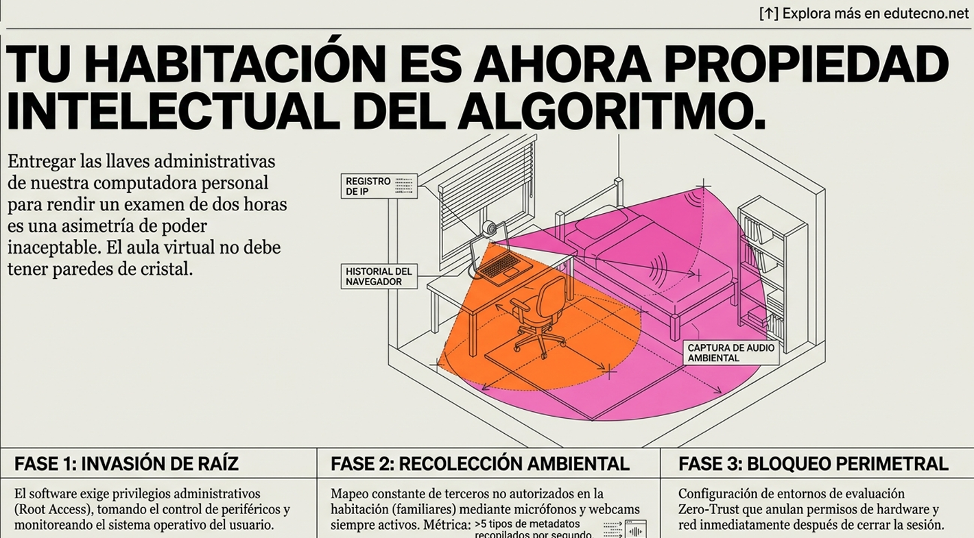Ilustración isométrica de un aula virtual con dispositivos, texto sobre privacidad y fases de ataque.