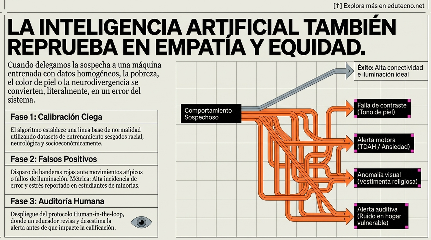 Infografía sobre inteligencia artificial y sesgos: texto, fases y diagrama con alertas y conexiones neuronales.