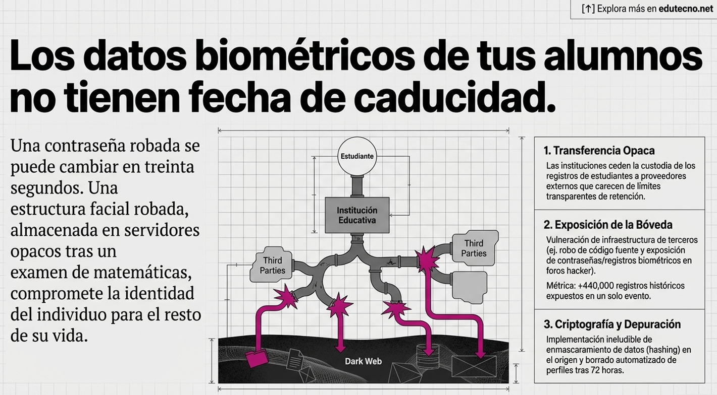 Infografía sobre datos biométricos robados, diagrama con estudiante, institución, terceros y flechas hacia la dark web.