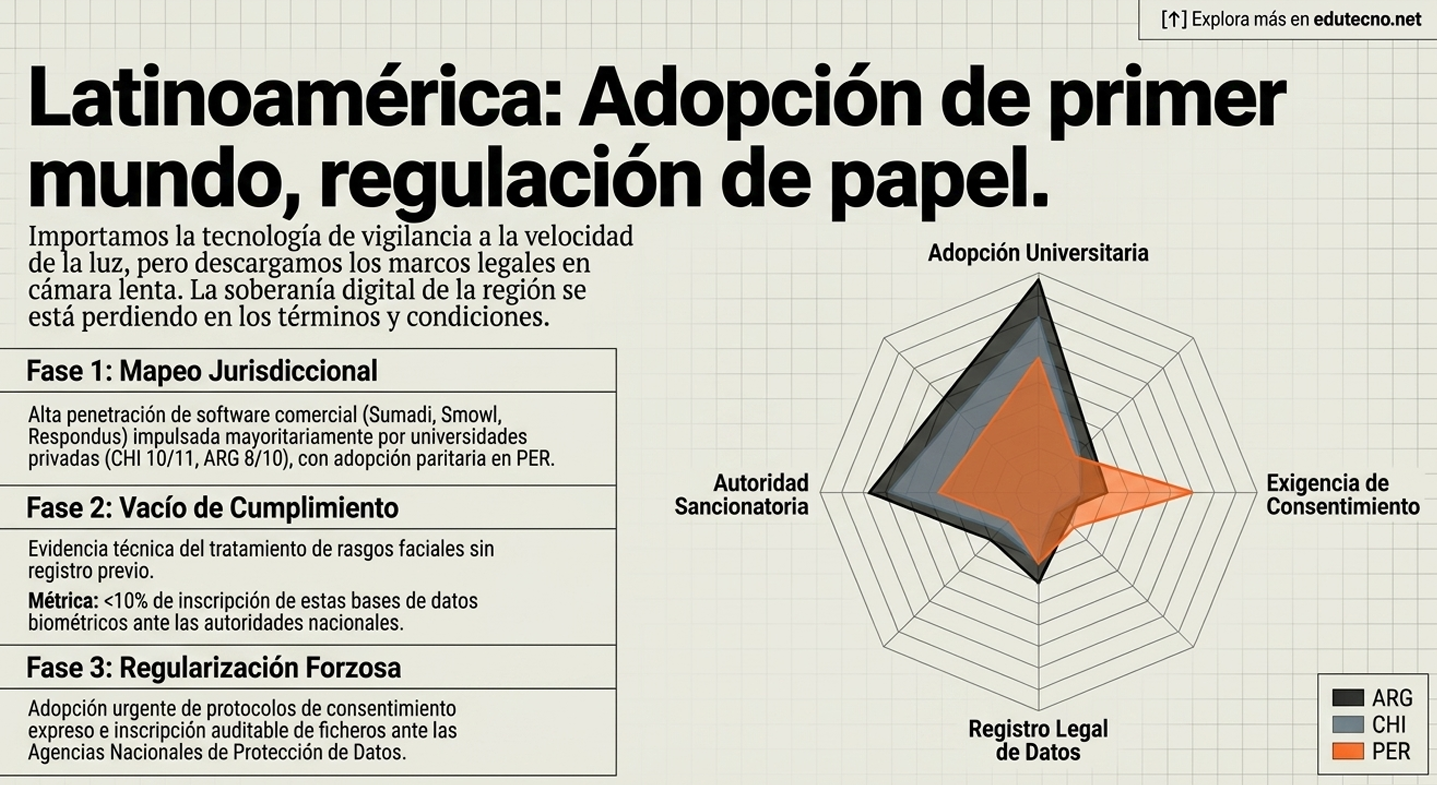 Infografía con texto sobre Latinoamérica, adopción de primer mundo, regulación de papel y diagrama triangular.