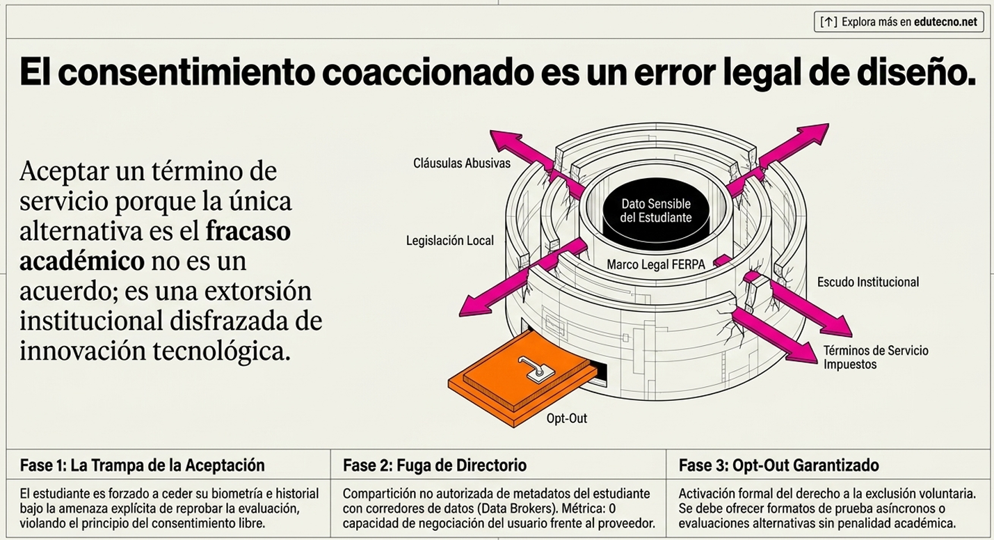 Ilustración con texto sobre consentimiento, términos de servicio y flechas moradas alrededor de un escudo institucional.