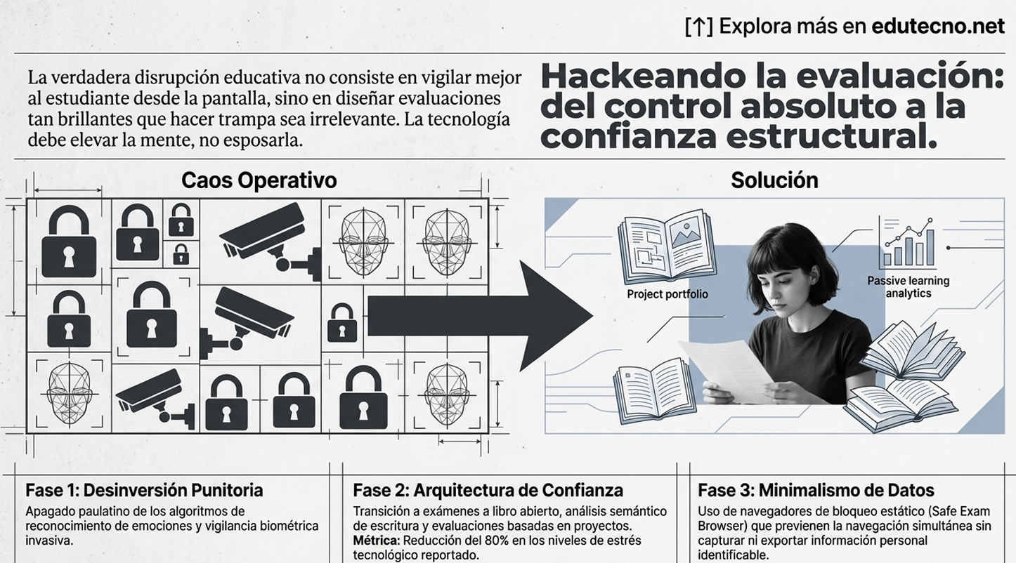 Ilustración educativa con texto sobre evaluación, caos operativo y solución, con estudiante leyendo y gráficos.