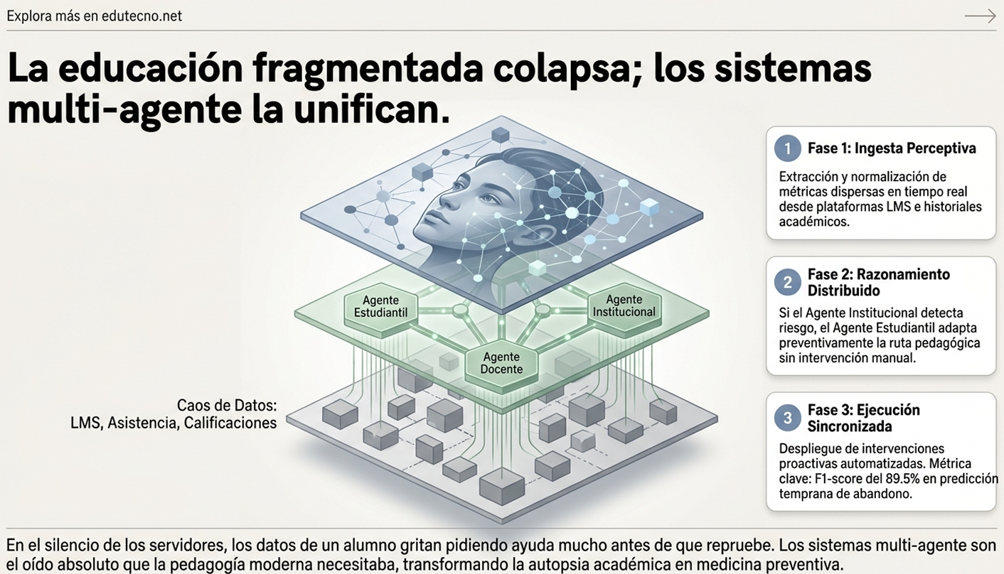 Diagrama de sistema multiagente educativo con agentes, red de datos y tres fases en recuadros.