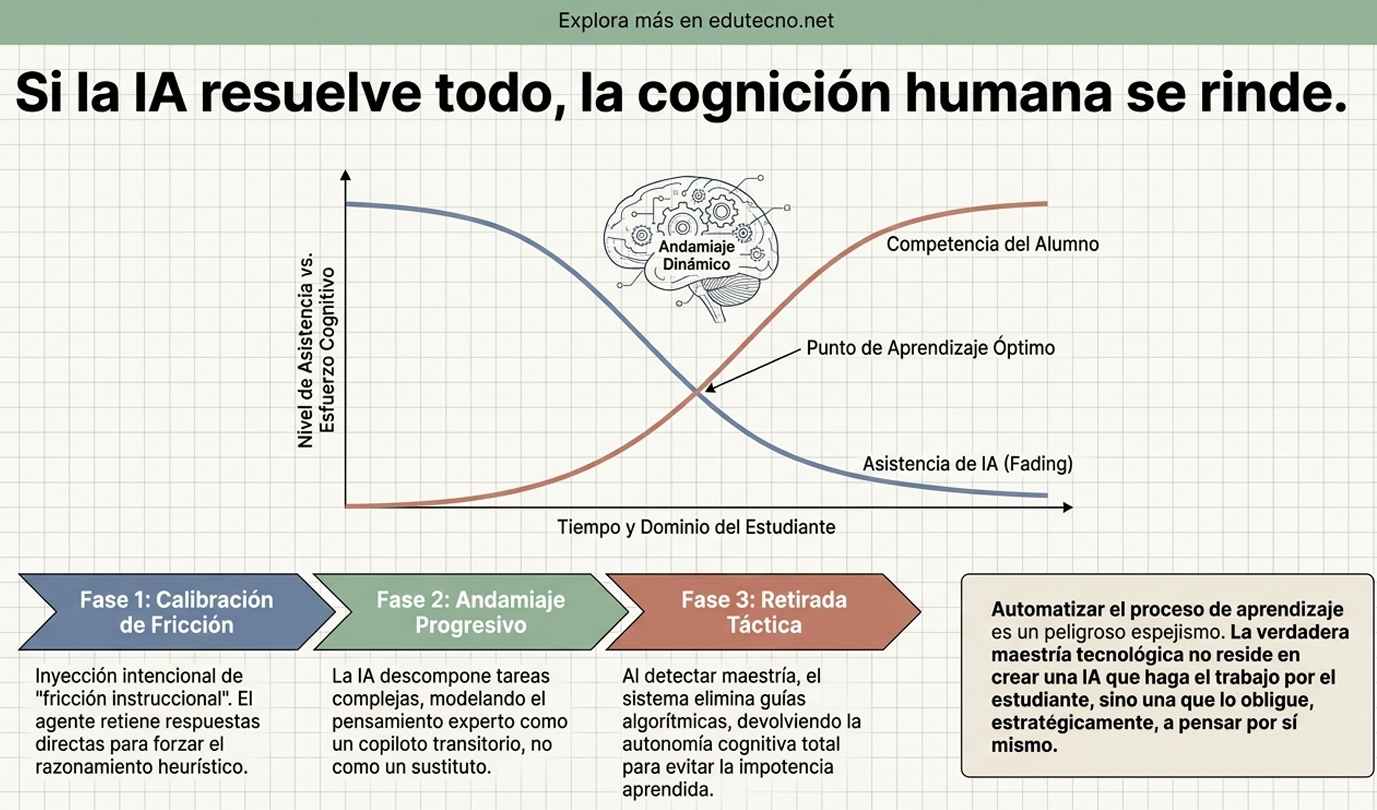Gráfico educativo con curva de asistencia IA y competencia del alumno, fases: calibración, andamiaje y retirada táctica.