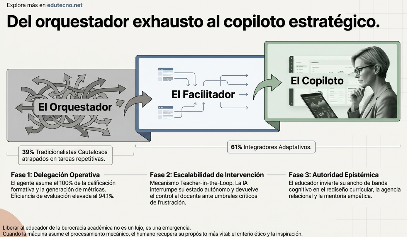 Diagrama educativo con flechas entre “El Orquestador”, “El Facilitador” y “El Copiloto”, con texto y mujer.