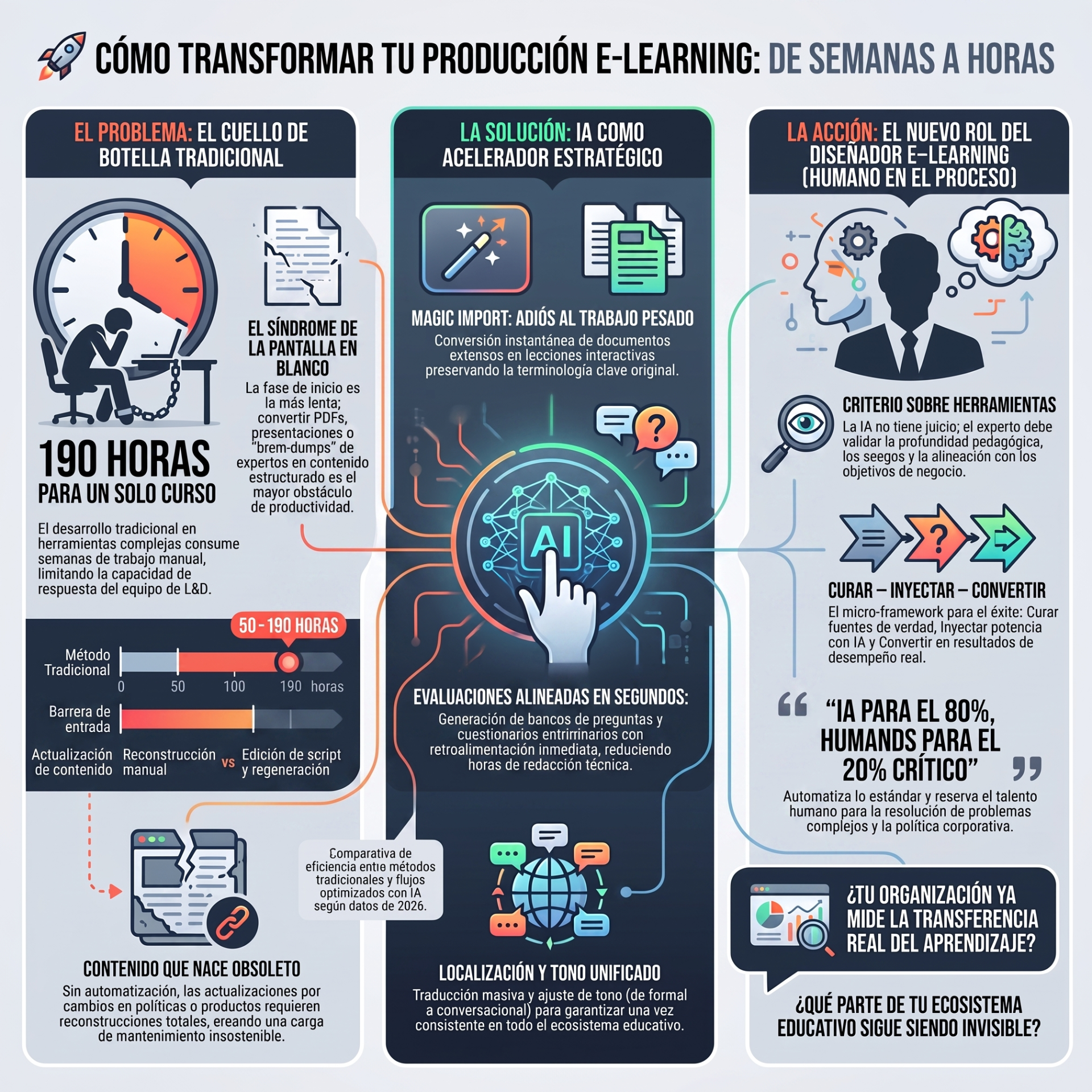 Infografía en español sobre transformar producción e-learning: problema, solución con IA y acción, con gráficos y texto.