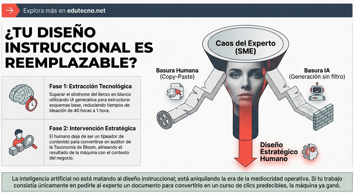 Infografía sobre diseño instruccional: embudo con “Caos del Experto”, basura humana y IA, y fases de intervención.