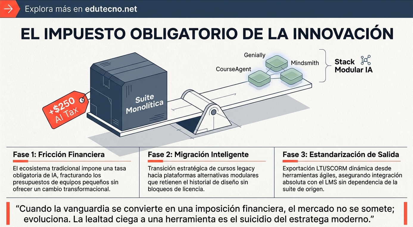 Ilustración sobre impuesto a la innovación: caja “Suite Monolítica”, ruta y módulos de IA con fases.