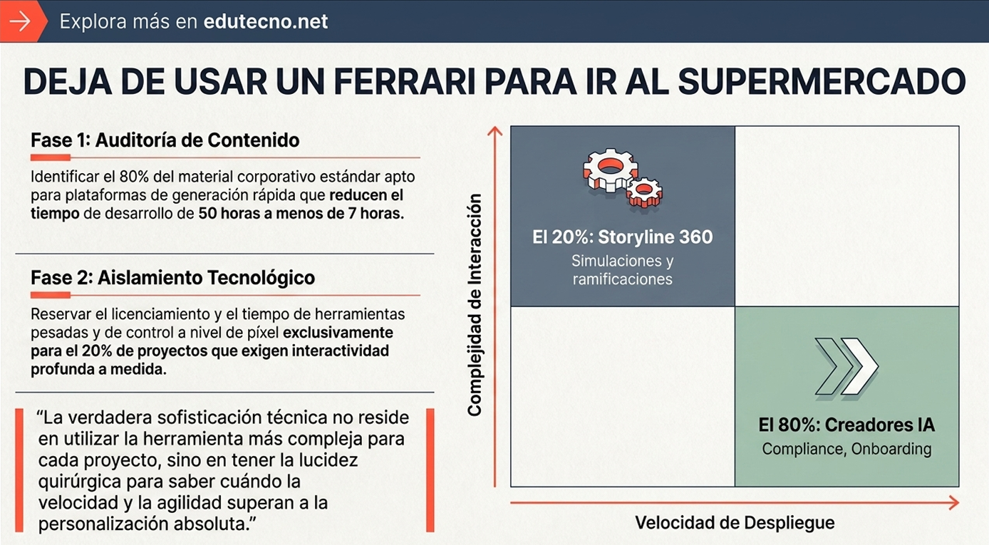 Infografía con fases de contenido y tecnología, gráfico de cumplimiento e interacción, y porcentajes Storyline 360 y creadores IA.