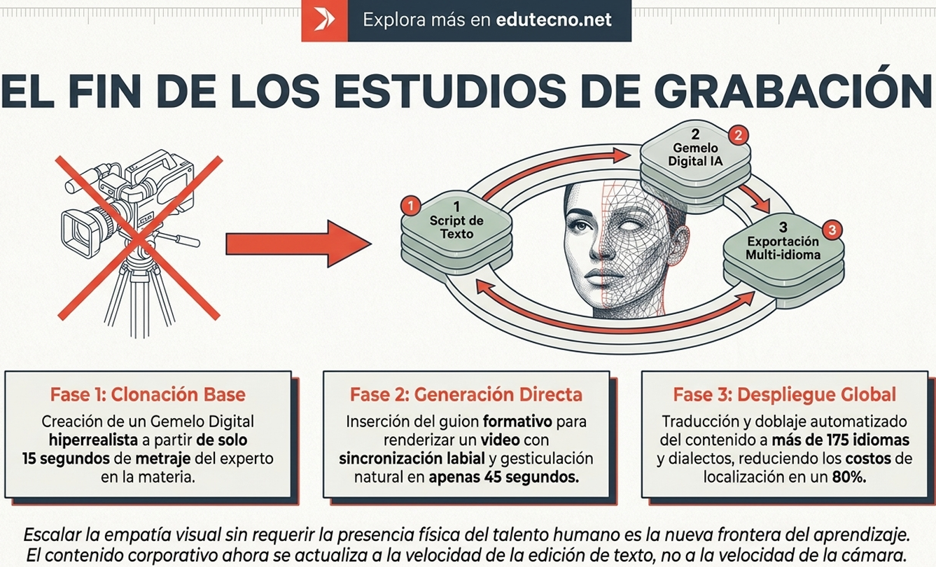 Ilustración con rostro femenino digital y tres etapas: guion de texto, IA y exportación multidioma.