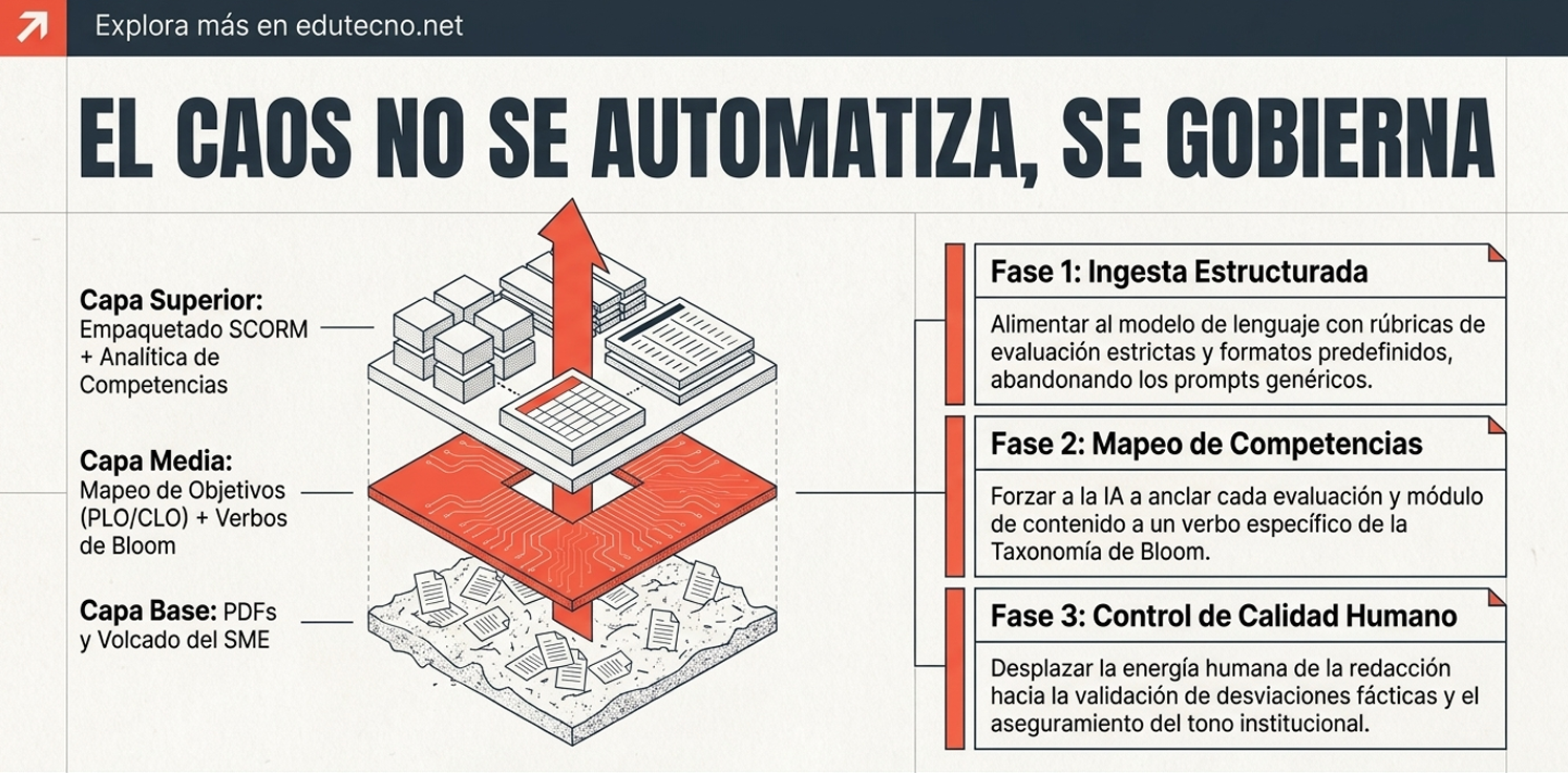 Diagrama educativo con capas, flecha roja y fases numeradas sobre ingesta, mapeo y control de calidad.