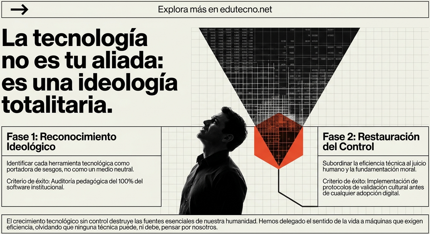 Cartel educativo con texto sobre tecnología e ideología, silueta humana y gráficos de datos en triángulo.