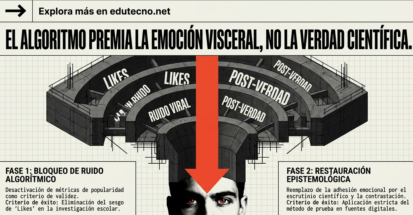 Ilustración estilo diagrama con flecha roja central, texto sobre algoritmo, emoción visceral y fases de bloqueo.
