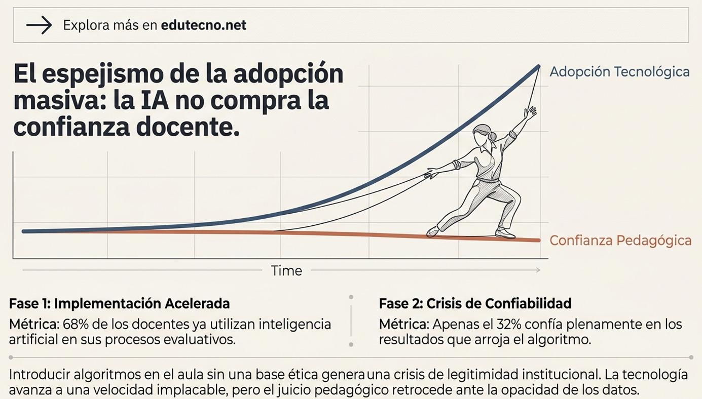 Gráfico con curva ascendente, docente dibujado y texto sobre adopción tecnológica y crisis de confiabilidad.